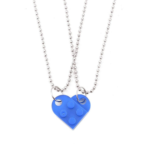 Blue heart-shaped acrylic necklace with a silver chain, a vibrant and playful couple's jewelry option.